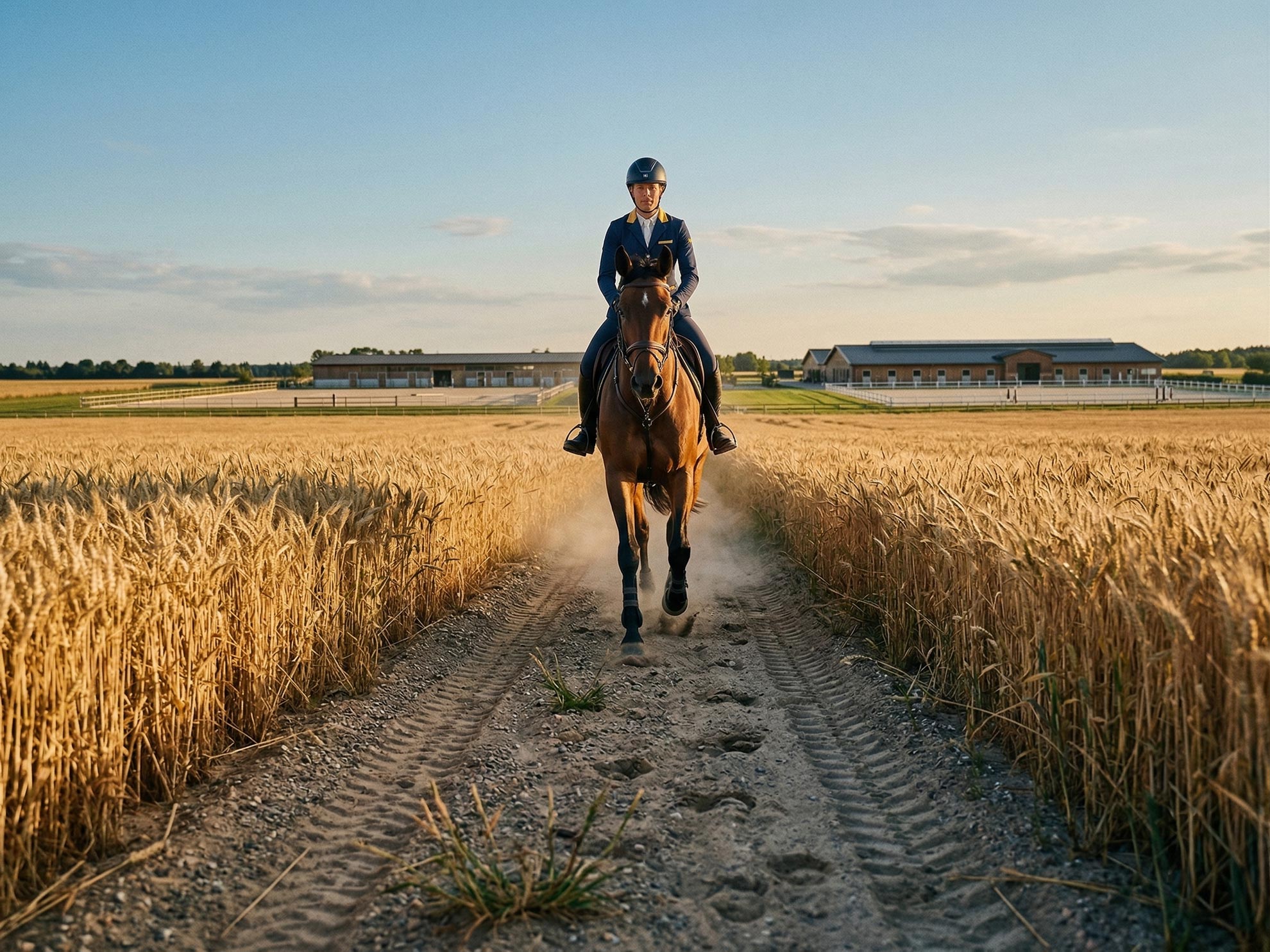 Reiterin auf Pferd auf einem Feldweg zwischen goldenen Feldern, Reitanlage im Hintergrund